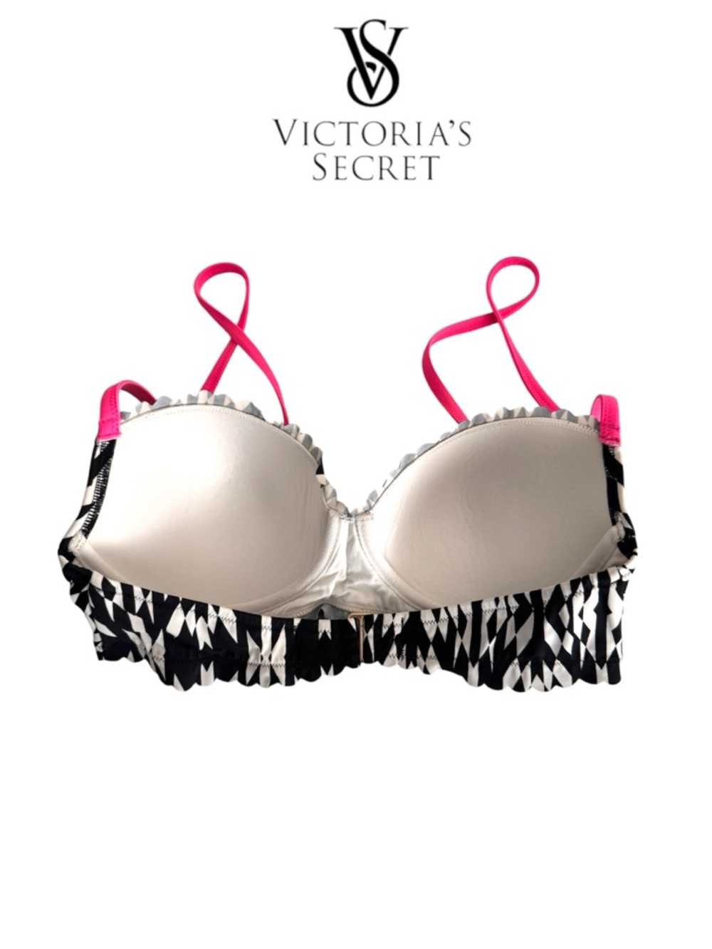 🛍️SALE🛍️ Victoria's Secret Black & White Refracted Geo Bikini Top w/ Pink Straps - Picture 3 of 7